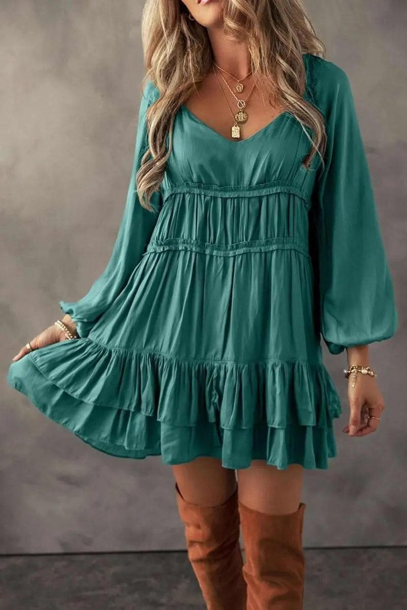 Mist Green Tiered Ruffled Puff Sleeve Loose Fit Mini Dress - Love Salve